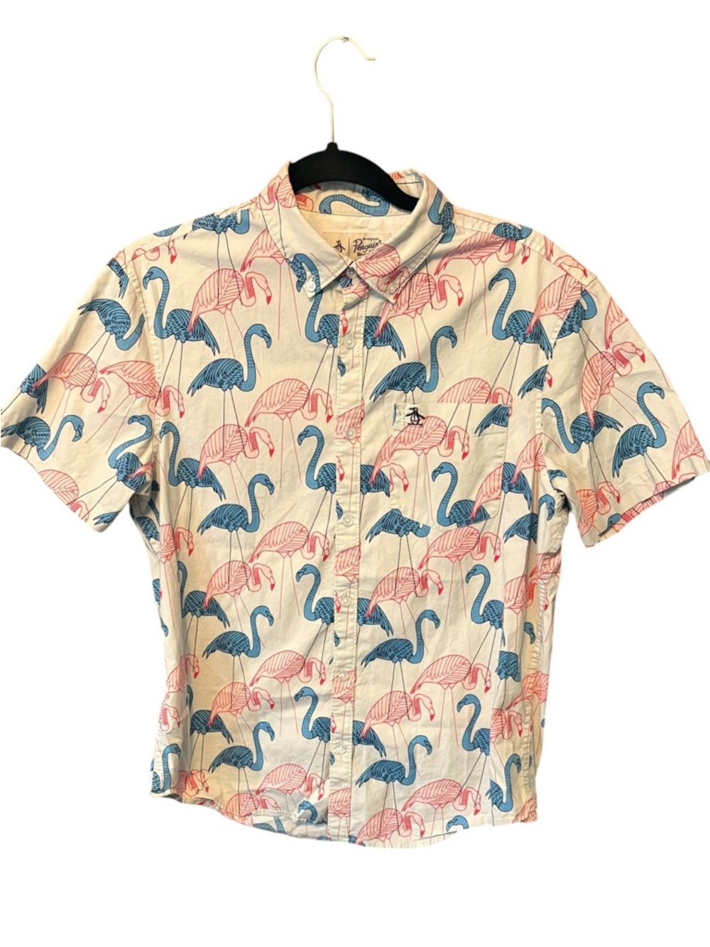 ORIGINAL PENGUIN Flamingo Print Button Up Shirt Short Sleeve Size Medium  Resort